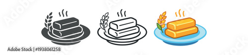 Three small food icons showing stacked butter sticks on a plate with wheat stalk garnish, presented as solid, outline, and full-color flat illustrations for cooking, recipe, or grocery designs.
