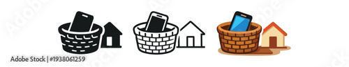 Three icon styles showing a mobile phone placed in a basket beside a small house — solid, outline, and colorful versions — suitable for apps or services about pickup, delivery, or storage at home.