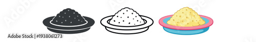 Three simple icon variations of a plate with a mound of rice — solid, outline, and full-color flat styles suitable for ui, menus, or recipe graphics.