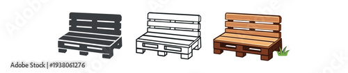 Three small bench icons made from wooden pallet boards shown in solid, outline, and full-color flat styles, suitable for user interfaces, app icons, or background graphics.