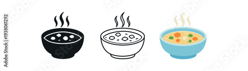 Three flat icons of a steaming bowl of soup shown as a solid dark bowl, black outline, and soft blue bowl with vegetables and steam — made for restaurant menus, recipe cards, or food interfaces.