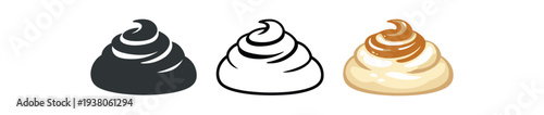 Three flat icons showing a swirl-shaped dollop of cream, puree, or sauce in solid dark, black outline, and creamy tan with golden top — useful for condiment labels, recipes, or app graphics.