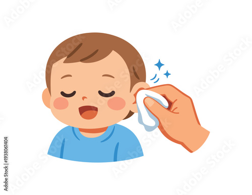 Cartoon baby boy sitting relaxed with eyes closed while a hand wipes his cheek with a cloth; warm childcare scene useful for parenting materials, hygiene tips, or nursery decor.