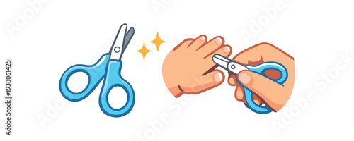 Clean vector illustration of small rounded baby scissors and hands trimming a baby’s fingernail, ideal for baby care instructions or grooming safety tips.
