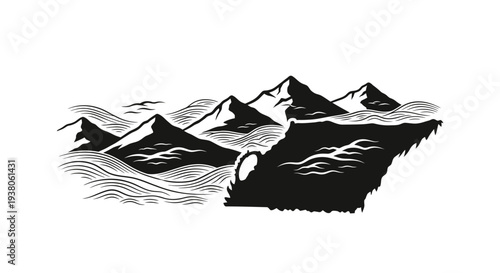 Black and white mountain range landscape.