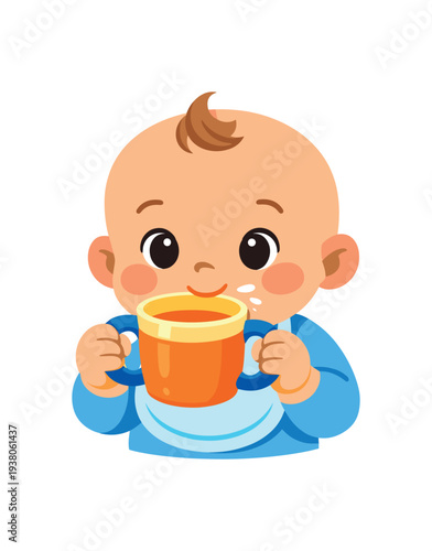 Cute toddler clutching a handled mug with both hands and a little milk on the face, smiling in a simple colorful vector style ideal for baby product or parenting designs.