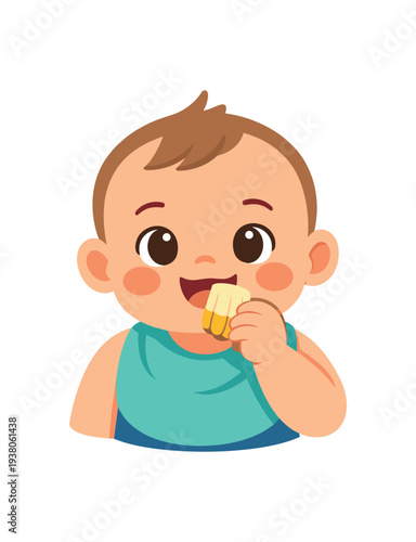 Cheerful baby holding and biting a banana, cheeks rosy and eyes bright, shown in a clean colorful vector style suitable for baby food, parenting, or teething materials.