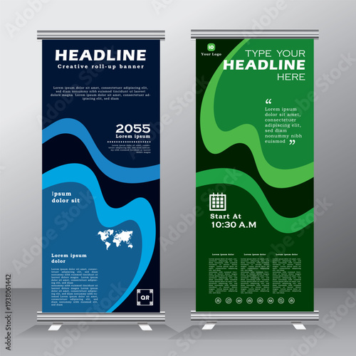 Roll up banner stand design with abstract geometric colorful. Green and blue standee design, vertical banner, x standee banner template. pull up banner, vector template.