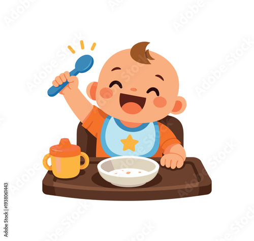 A happy infant raises a spoon while seated in a highchair with a bowl, bib, and sippy cup — bright, friendly mealtime artwork for baby products or nursery use.