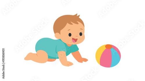 A crawling infant reaches toward a bright multicolor ball on the floor — simple, cheerful image for toys, playroom decor, or toddler products.