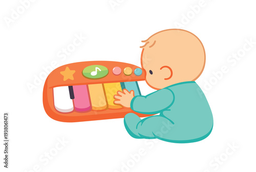 Infant in a mint onesie sitting and pressing keys on a bright orange toy piano with multicolored keys and musical symbol button for child music design.