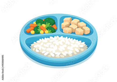 A blue compartmentalized plate holding white rice, mixed steamed vegetables and cubed tofu arranged for a healthy toddler meal.