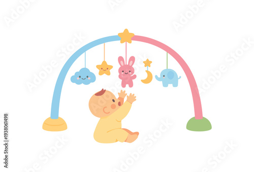 An infant reaches up toward a gentle pastel mobile suspended from a pink-and-blue arch featuring a bunny, cloud, star and elephant — calm nursery decor artwork.