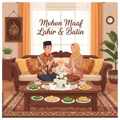 Happy Eid Al-Fitr greetings in a warm family setting with traditional Indonesian clothing and festive food spread, symbolizing forgiveness and togetherness