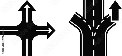 Road intersection and highway junction icons, traffic direction arrows crossroads navigation route decision transportation vector illustration symbols