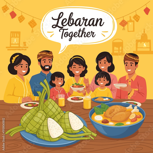 Lebaran celebration with family sharing a meal together, embracing togetherness and cultural traditions with delicious food