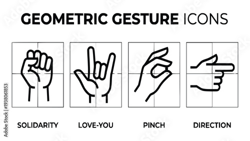 Geometric gesture icons featuring solidarity, love you, pinch, and direction hand signs in a minimalist black and white design for user interface elements and digital graphics.