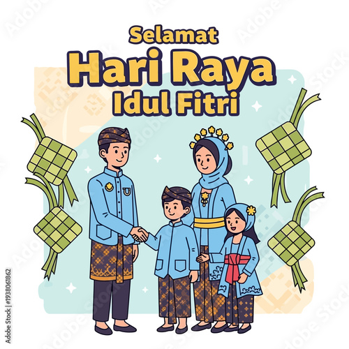Happy Eid al-Fitr Greetings with Ketupat and a Family Celebrating