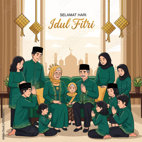 Heartwarming illustration of a multi-generational family celebrating a joyful cultural holiday, exchanging blessings and fostering togetherness in traditional attire during a festive reunion