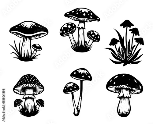 Collection of forest fungi icons. Stencil or linocut style toadstools.