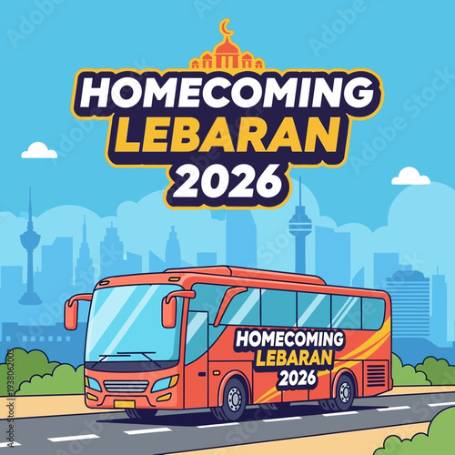 Joyful holiday homecoming bus journey to a bustling city, celebrating family reunions and festive traditions under a crescent moon