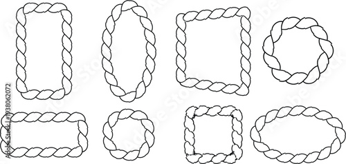 Rope border frames in rectangle and oval shapes with twisted texture. Borders of different geometric shapes are round, oval and square. rope pattern texture. Creative UI elements for eco design

