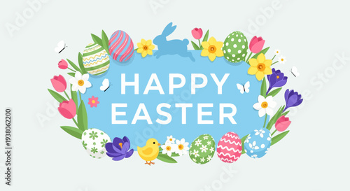 Celebrating Easter with vibrant floral wreath and Easter eggs surrounding Happy Easter text