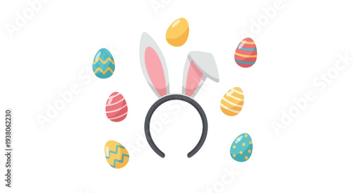 Bunny ears headband surrounded by colorful Easter eggs in a festive holiday arrangement on a clean white background