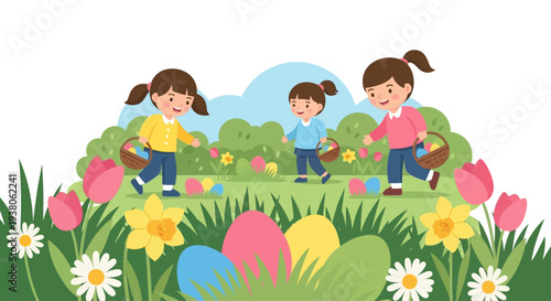 Three children happily hunting Easter eggs in a vibrant garden filled with colorful flowers and lush greenery on a sunny day.