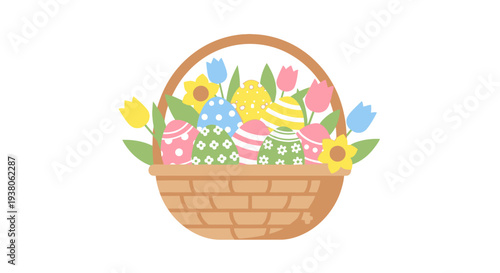 A vibrant Easter basket filled with colorful eggs, flowers, and gifts, symbolizing joy and celebration