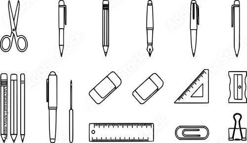 Scissors, pens, pencils, and stationery vector icon set with school and office supplies