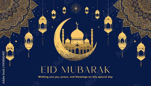 Eid Mubarak celebration with mosque and lanterns in gold