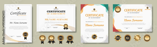 Diploma certificate border template set with badges for award, business, and education