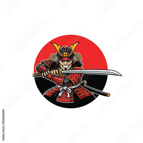 A grinning samurai warrior in detailed red and black armor