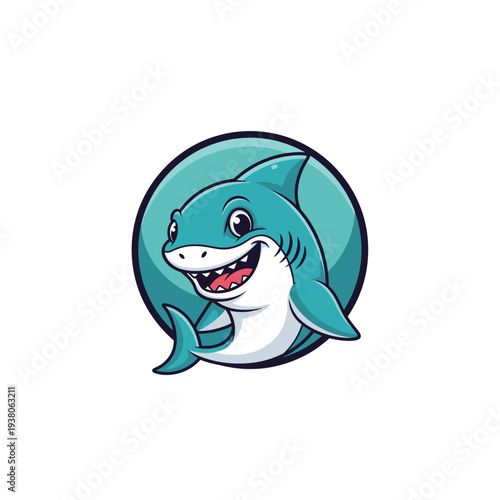 Smiling blue shark with its mouth open showing rows of white teeth