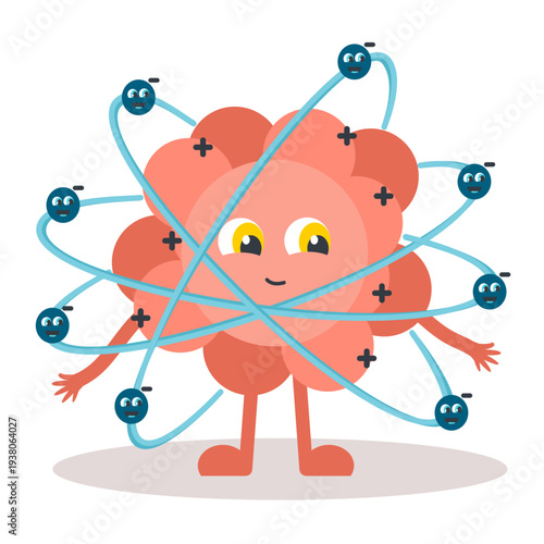 Educational vector illustration of an oxygen atom model for children's quantum physics
