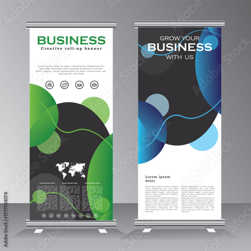 Roll up banner stand design with abstract geometric colorful. Green and blue standee design, vertical banner, x standee banner template. pull up banner, vector template.