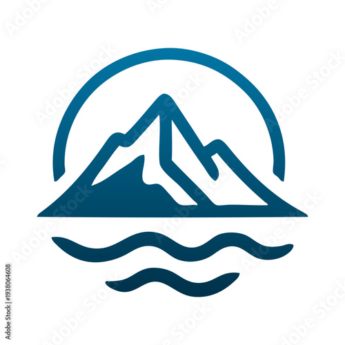 Logo agencia de viajes. Vacaciones de verano. Dibujo sencillo con un paisaje con isla con montaña, olas de mar y un círculo con líneas 