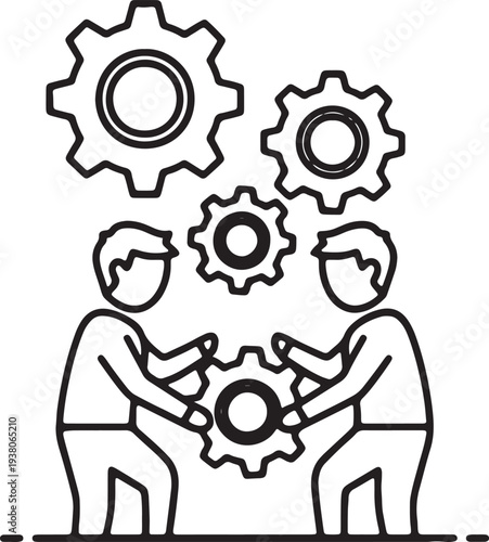 Two people collaborating with interlocking gears