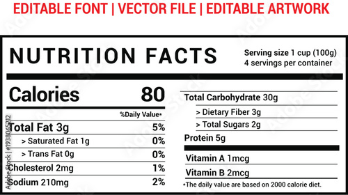 Nutrition Facts label template for food and beverages, showing daily values of calories. Nutrition Facts information for packaging. 