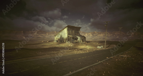 Billede på lærred lonely corrugated shack in desert under stormy sky, abandoned outpost beside cra