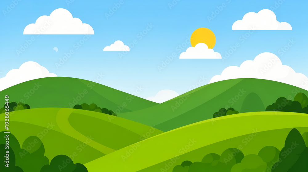 Fototapeta premium Idyllic Cartoon Landscape with Rolling Green Hills and Fluffy Clouds under a Bright Sunny Sky