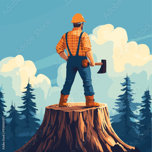 Logger standing on tree stump with axe in forest representing wood harvesting industry and environmental impact of deforestation. , vector style simple color