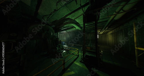 glowing reactor control corridor centered around core panel banks and valve clusters framed by suspended catwalks, maintenance probe recording radiation