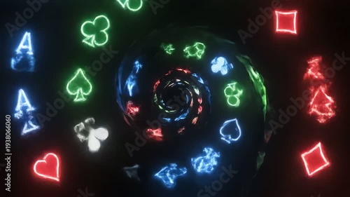 neon playing card symbols rotating