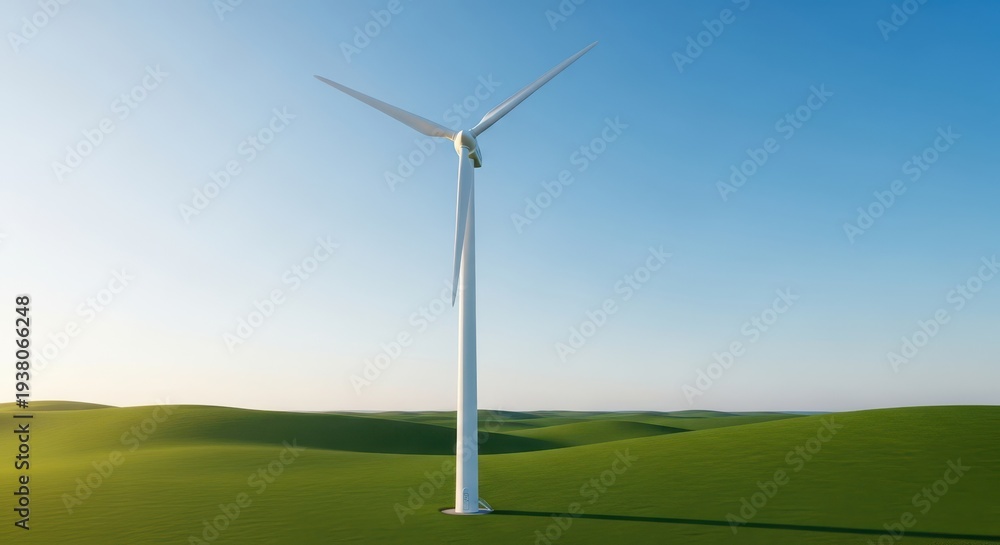 Fototapeta premium Towering white wind turbines spinning on a rolling green landscape generating sustainable electrical power from clean renewable energy sources, day, field, earth