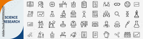 Science research and laboratory icons set, outline symbols for chemistry biology physics medical experiment and scientific technology vector illustration
