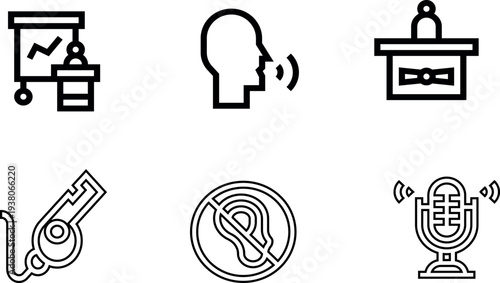 A set of six black and white icons related to communication and public speaking