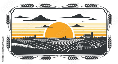 Tractor in field at sunset.