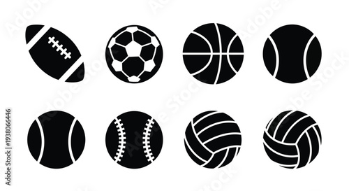 Eight sports balls icons, vector illustration, football, soccer, basketball, baseball, volleyball, tennis, softball, rugby, Isolated on transparent background, png